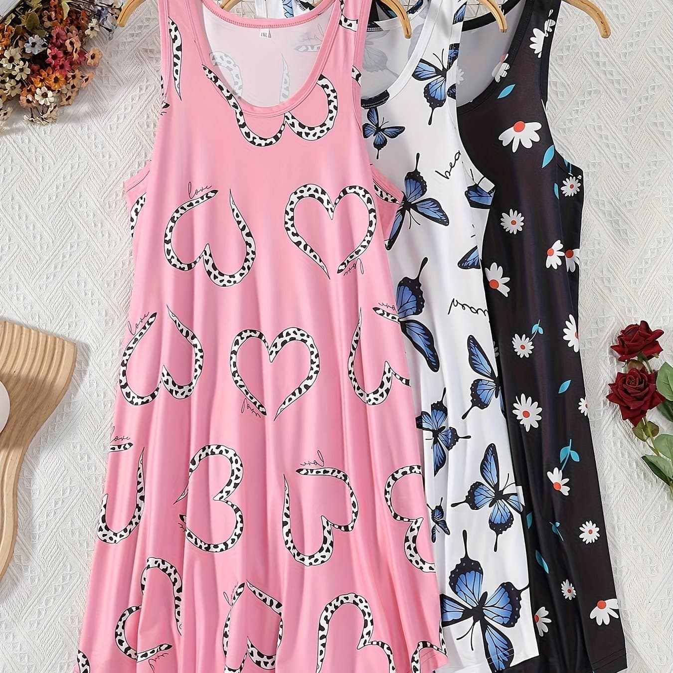 TEMU 3 New Women's Cartoon Vest Skirt Nightgowns | Large Size, V-neck, Non-stretch Fabric, Heart Pattern, For Spring/summer