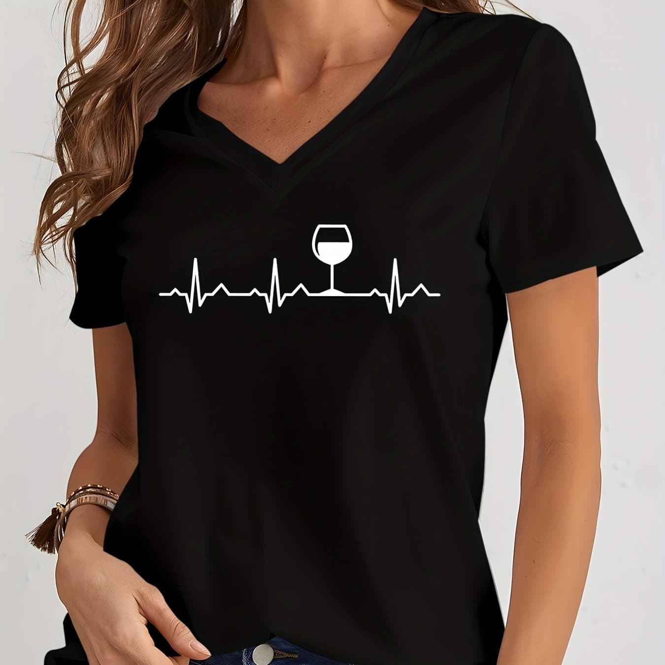 TEMU Women's Casual V-neck T-shirt With Heartbeat Line And Wine Glass Graphic, Short Sleeve, Black, Polyester, Geometric Pattern, Top, Wine | Modern | Polyester