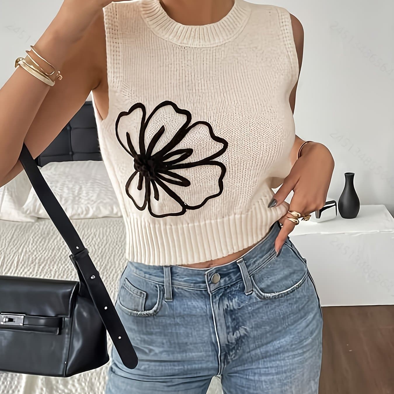 TEMU French Women's Elegant Floral Sleeveless Round Neck Sweater Vest