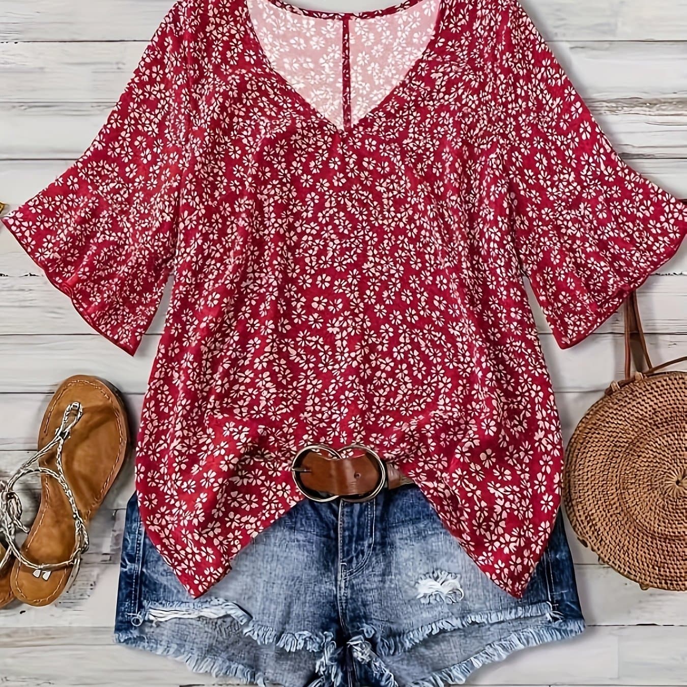 TEMU Plus Size, Cross-border Plus Size Floral V-neck Ruffle Sleeve Blouse For Women