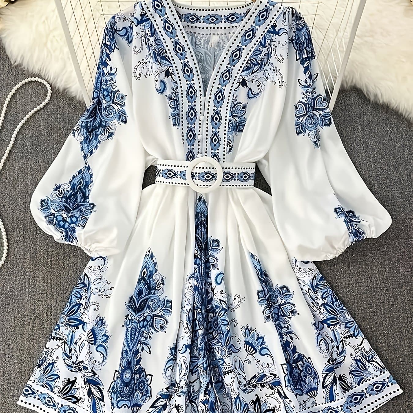TEMU Women's Vintage -inspired Floral Print A-line Dress With Lantern Sleeves & Adjustable Waist Tie - V-neck Long Sleeve Loose Fit Maxi Dress For Spring/fall, Machine Washable, Cute Dresses