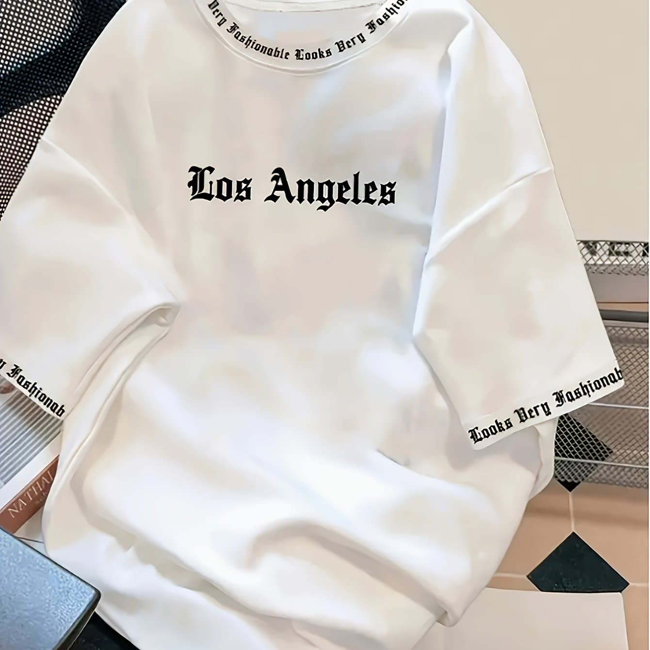 TEMU Men's Casual White Sweatshirt With Los Angeles Back Print & Letter Webbing Neckline/cuffs - Regular -season Pullover, Machine Washable, Everyday Clothing, Soft Texture Fabric