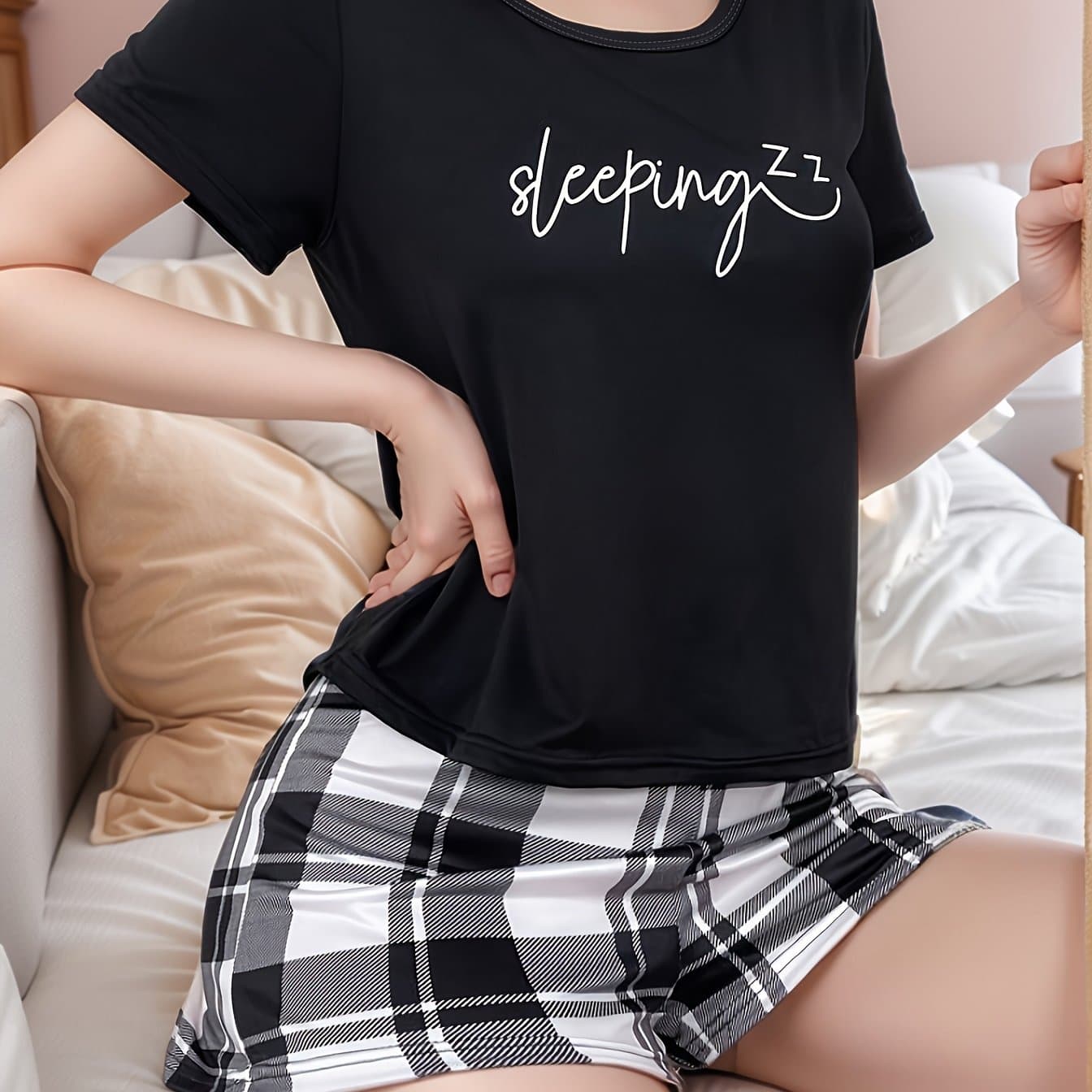 TEMU Pajama Round Neck Set Letter Wear