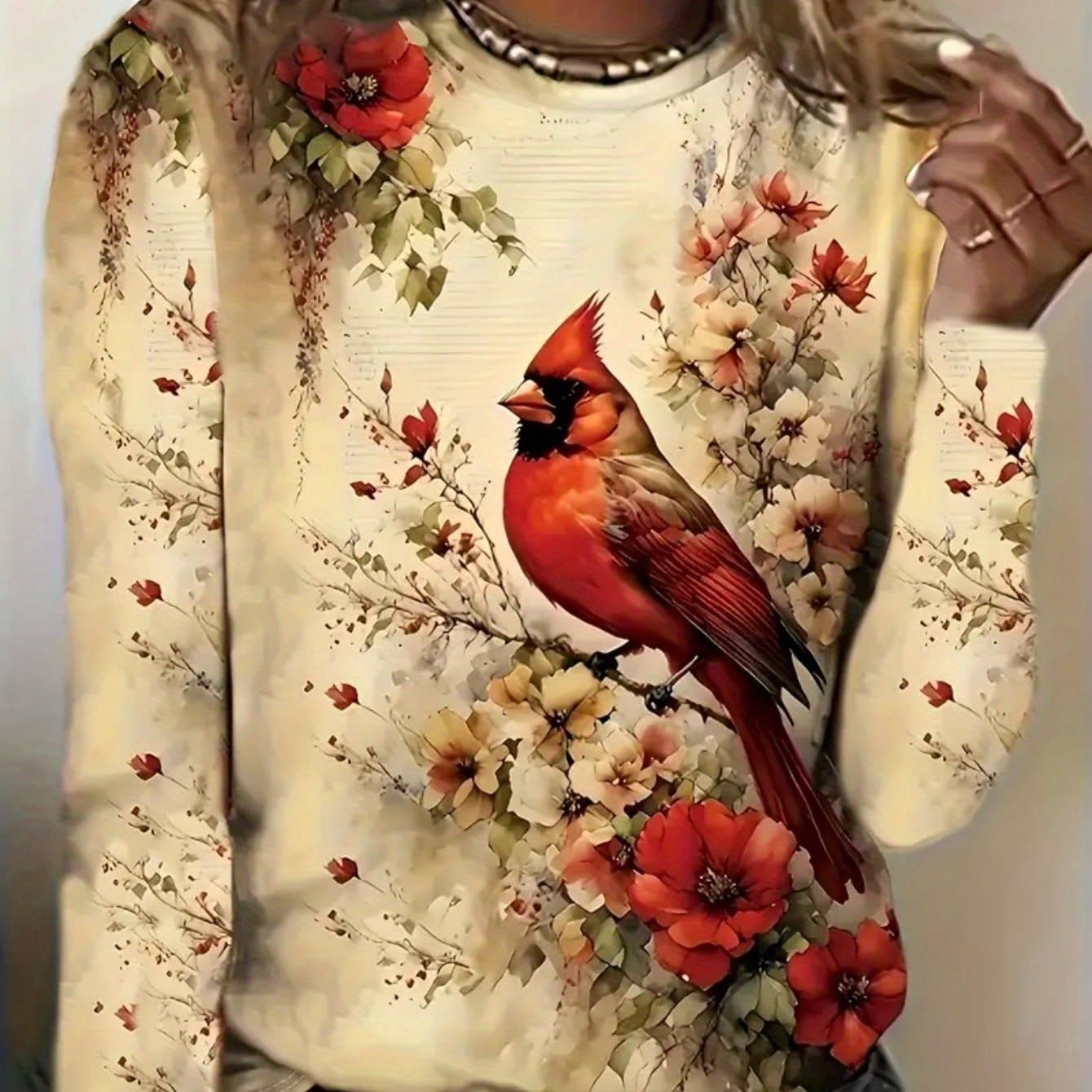TEMU 3d Floral & Bird Print Women's Slogan Print Long Sleeve Casual T-shirt - Soft Medium Stretch Fabric, Round Neck, Relaxed Fit, Comfortable Wear - Perfect For Daily Life, Work, Or Leisure