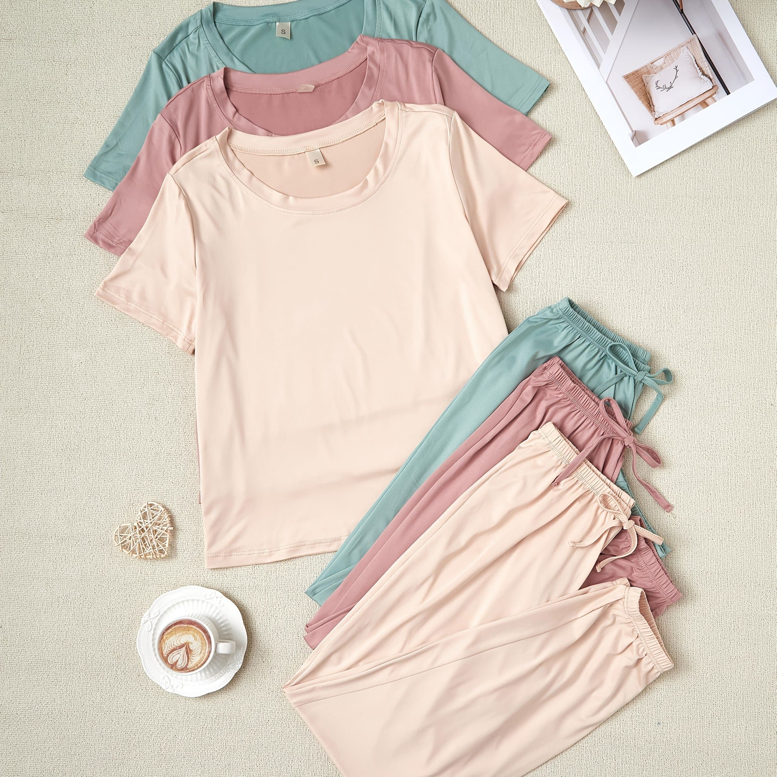 TEMU Six-piece Women's New Style Simple Solid-color Pajama Set, Short-sleeved And Long Pants Casual And Comfortable