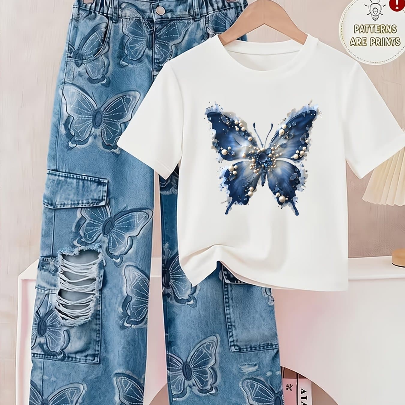 TEMU 1pc Of Girls' Short-sleeved T-shirt, Trendy And Fashionable With Pearl And Pattern Printing For Spring, Summer And Autumn, Casual And Comfortable, Suitable For Older Children To Wear Outside
