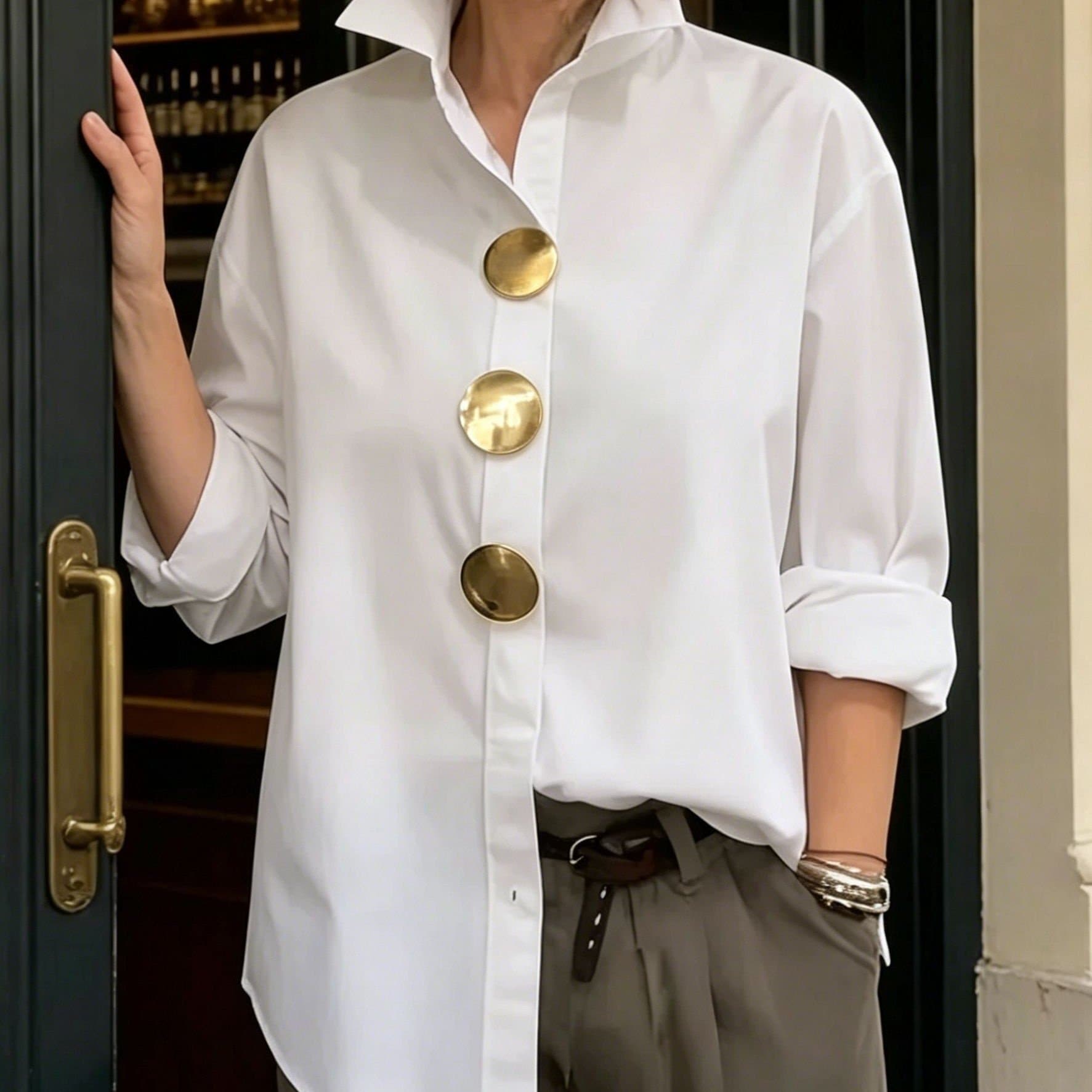 TEMU Women' Color Lapel Loose Fit Button- Casual Long Sleeve Shirt, Suitable For Spring, Summer, Autumn Casual Wear, Office, Travel, Beach, And Daily Outfits