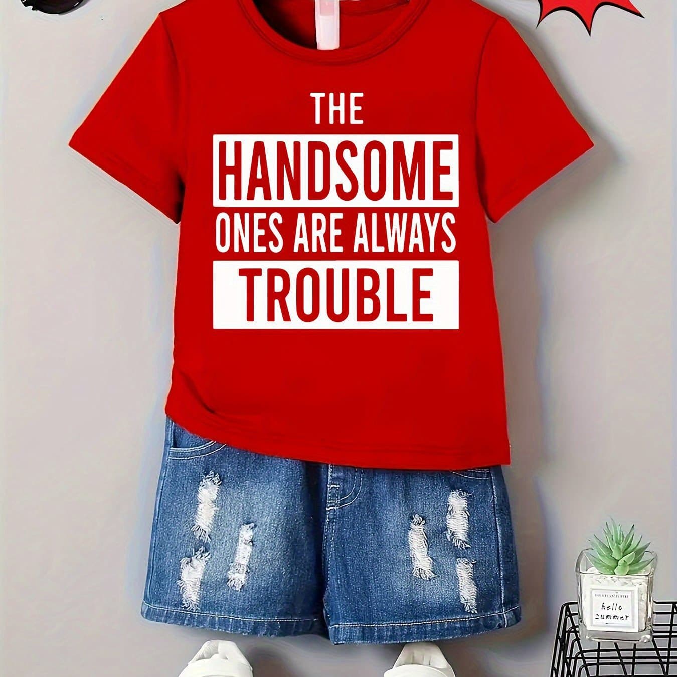 TEMU Gourd Doll's Summer Casual T-shirt - "the Attractive Trouble" Letter Print, Red Crew Neck Tee, Machine Washable