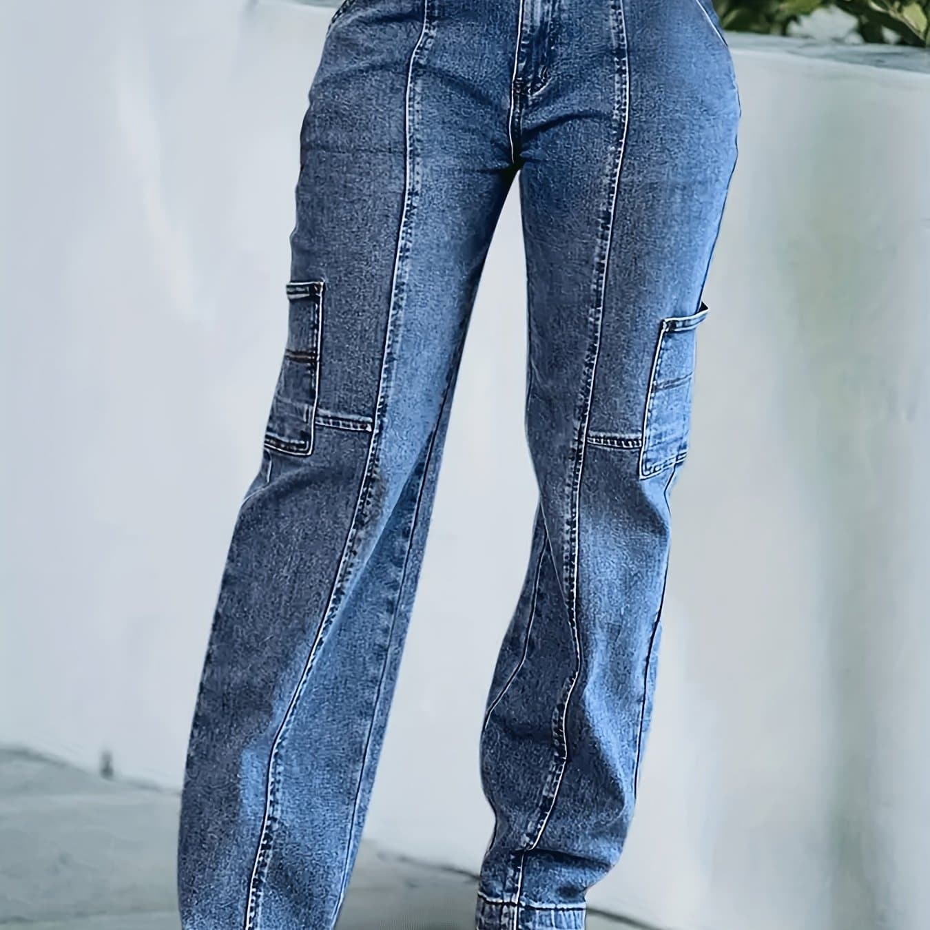 TEMU Ladies' Mid To High Waist Multiple Splicing Rolled Edge Jeans
