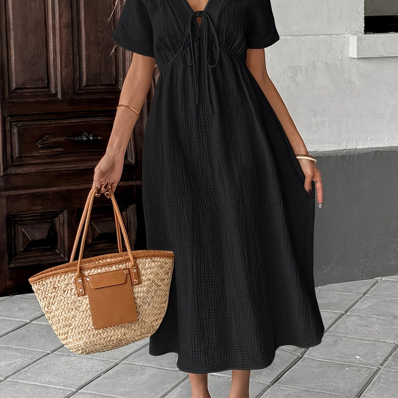 TEMU Women's Elegant Short Sleeve Bohemian Style Solid Color Dress