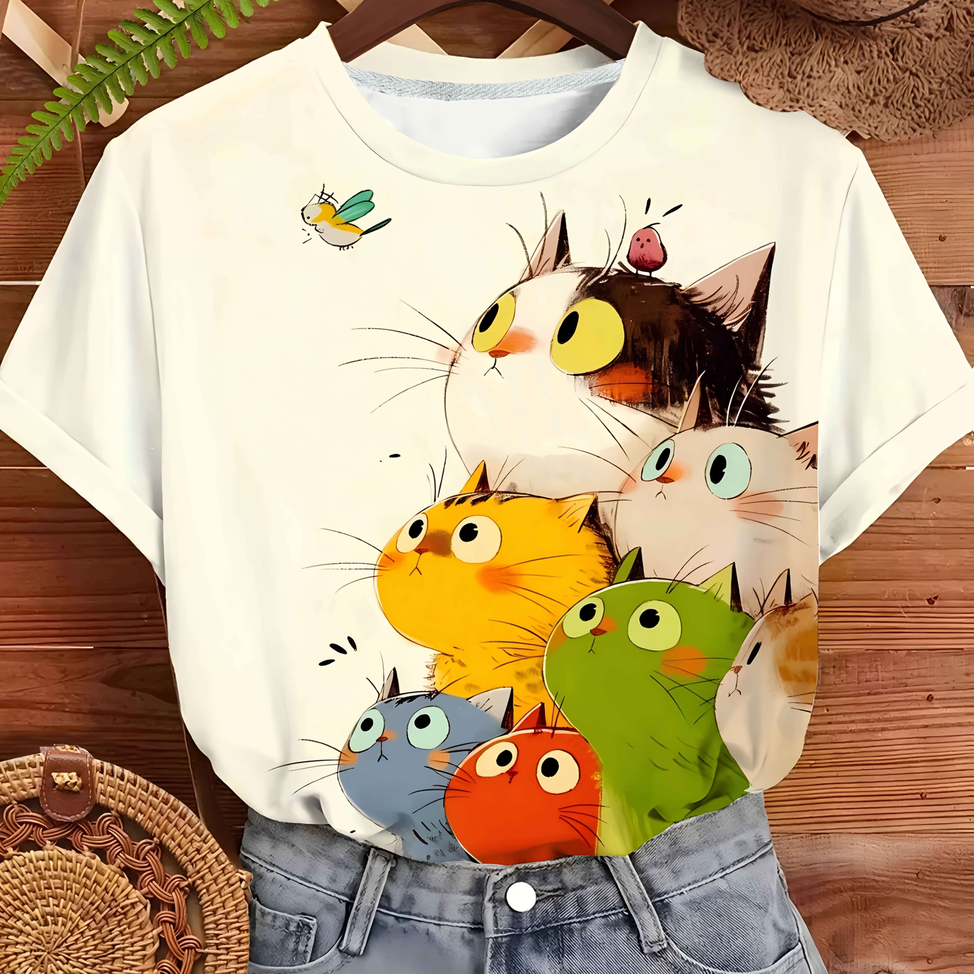 TEMU Cat Group Portrait Print, Round Neck Short Sleeved T-shirt, Comfortable Daily Commuting, Cute Cat Family, Fashionable Women's Clothing, Women's T-shirt