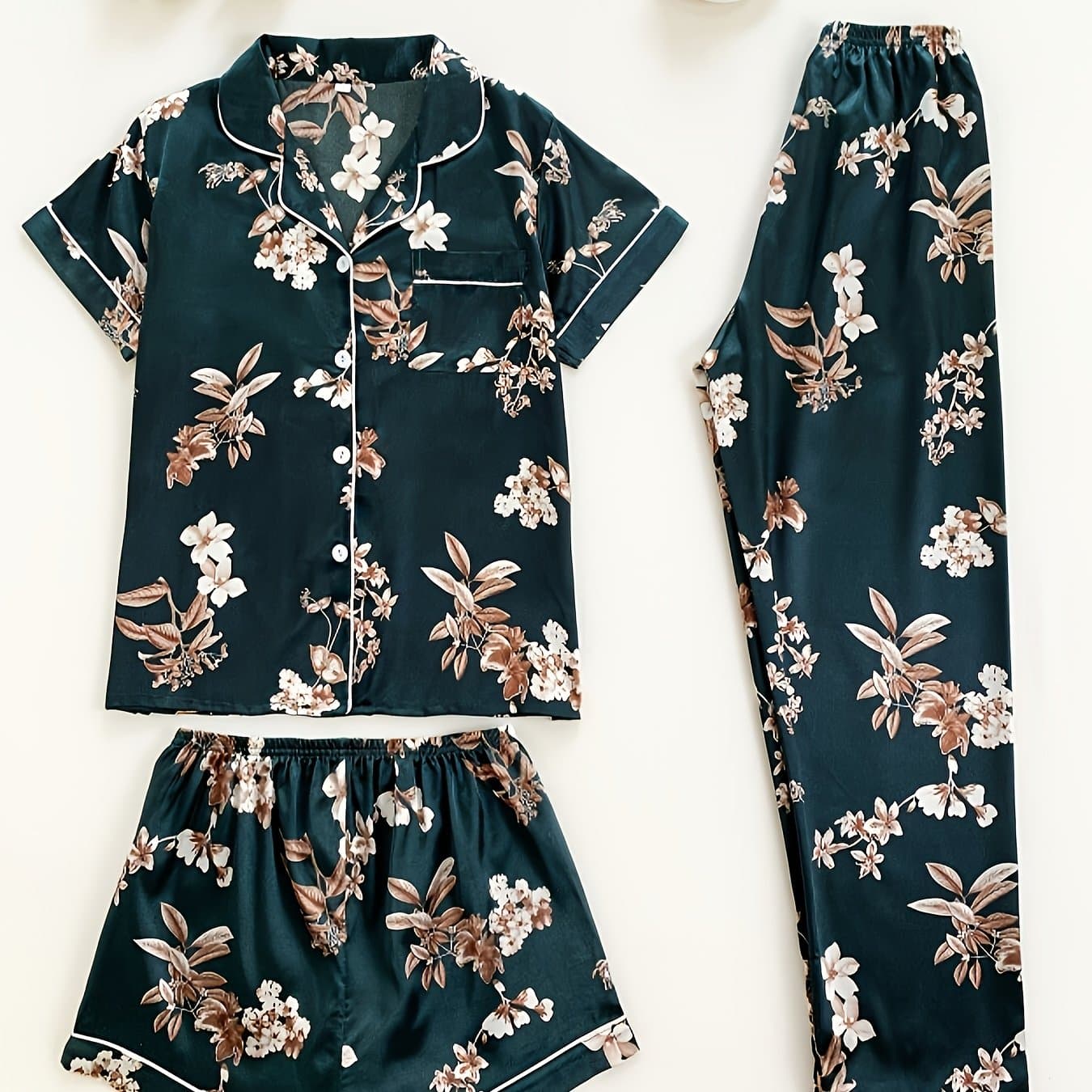 TEMU Ladies' Three-piece Satin Elegant Floral Pattern Pajamas Set, Ladies' Three-piece Short-sleeved Stand-collar Top With Shorts And Pants, Ladies' Pajamas For , Three-piece Women's Suit