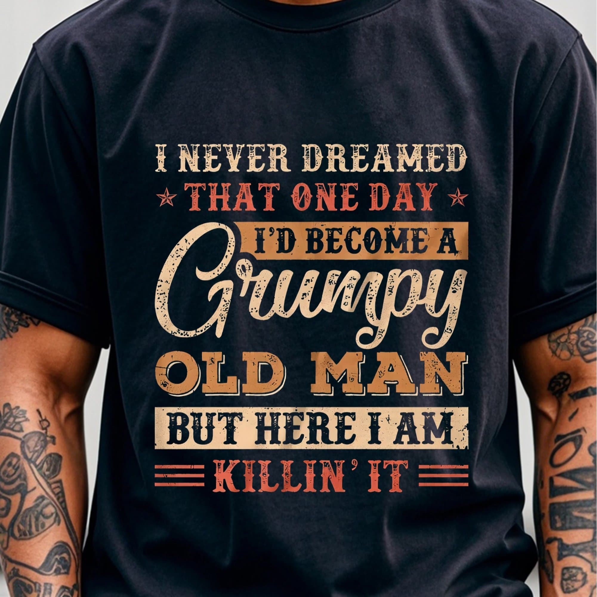 TEMU Men's Humorous Pattern T-shirt, Casual Round Neck, Slightly Elastic, Regular Fit, Knitted Fabric With "i Never I'd Be A Old For Man" Pattern, Suitable For Adults, Plus Size