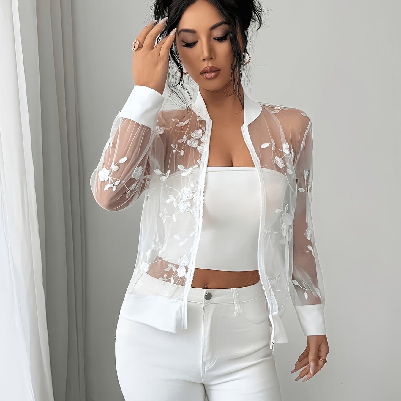 TEMU Women's Casual Floral Embroidery See-through Mesh Zipper Lightweight Motorcycle Jacket, Spring And Summer Style