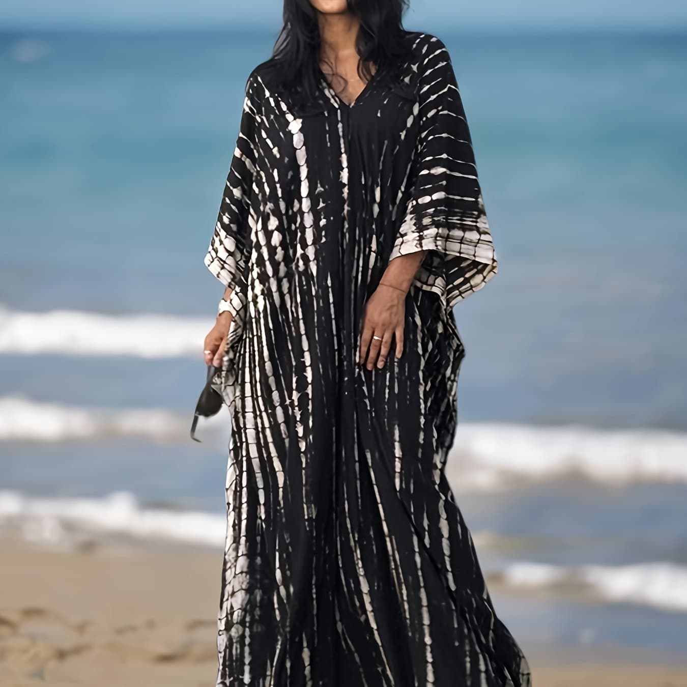 TEMU Bohemian V-neck Cover-up Dress For Plus Size Women, Casual Beach Kaftan With Random Print And Slight Bat Sleeves