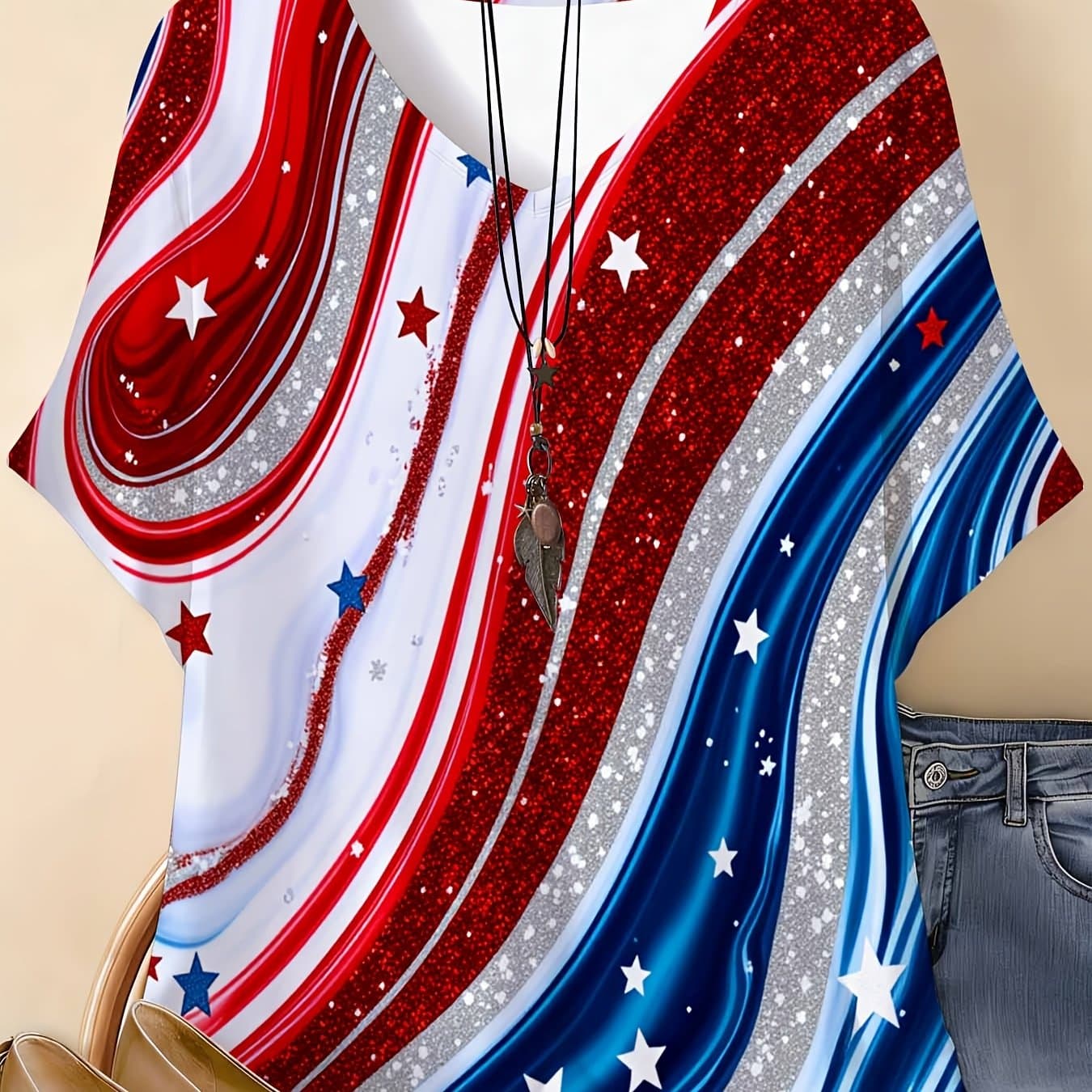 TEMU Women's All- American Flag T-shirt, Graphic Top, Perfect For Party & Daily Casual Wear