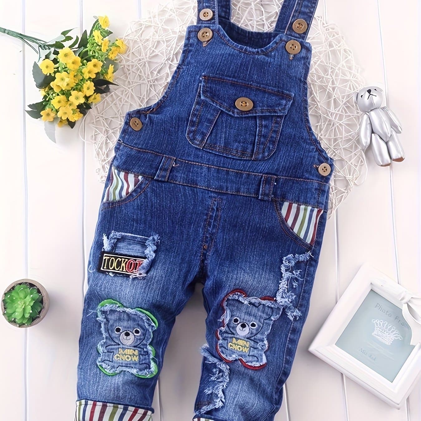 TEMU Toddler Baby Clothing Girls Boys Denim Overalls Casual Cartoon Bear Jumpsuits Playsuits Rompers, For Outdoor