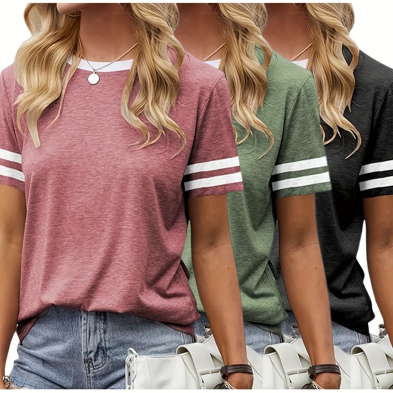 TEMU Three-piece Set 2025 European And Women' Short-sleeved Round Neck Color Short-sleeved T-shirt