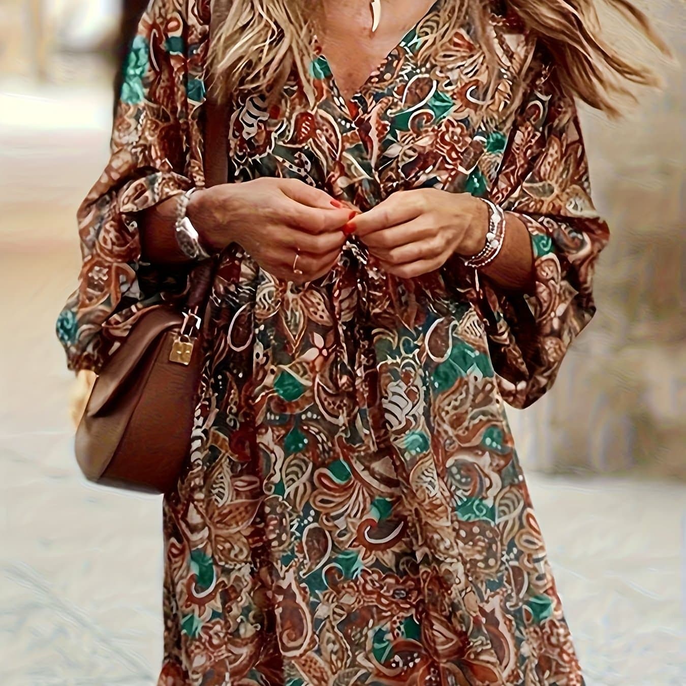 TEMU Ladies' Fashion Elegant V-neck Printed Dress