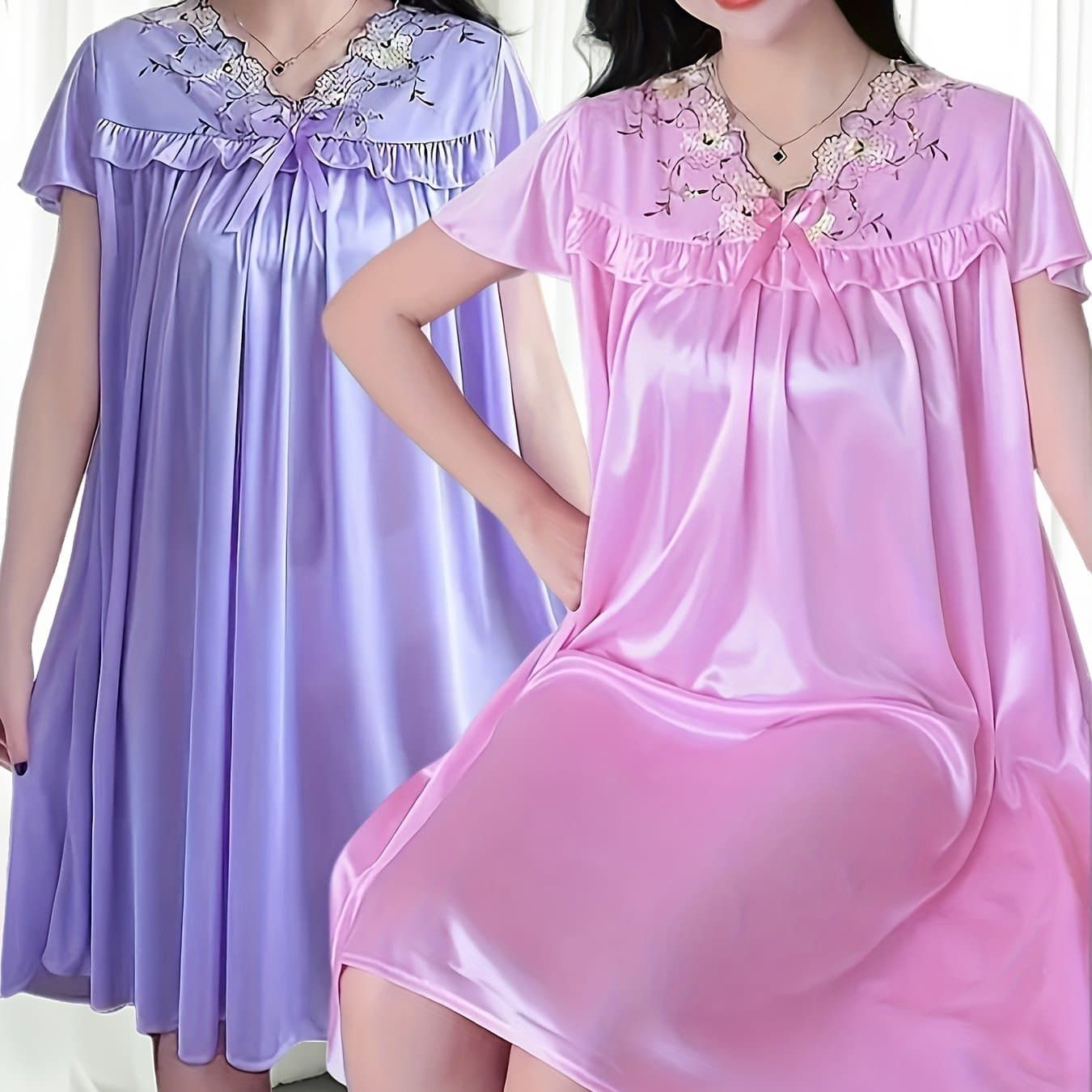 TEMU 2pcs Sexy Loose Short Sleeve Nightgowns With Lace Trim, V-neck, Semi-sheer Polyester - Machine Washable, Spring/ Summer