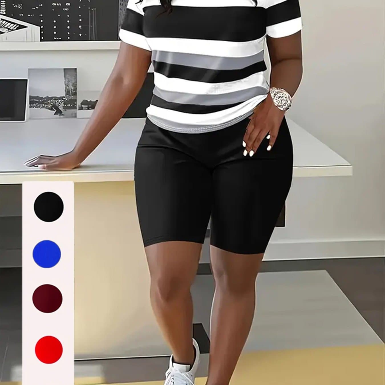 TEMU Comfortable 2pcs Striped Crew Neck Color Matching S Short Sleeve Suit - Women's Casual T-shirt Set