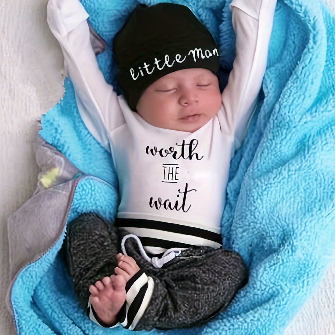 TEMU 3pcs Baby Boys Summer Outfit Print Long Sleeve Romper Elastic Waist Pants Beanie Hat Set, For Outdoor