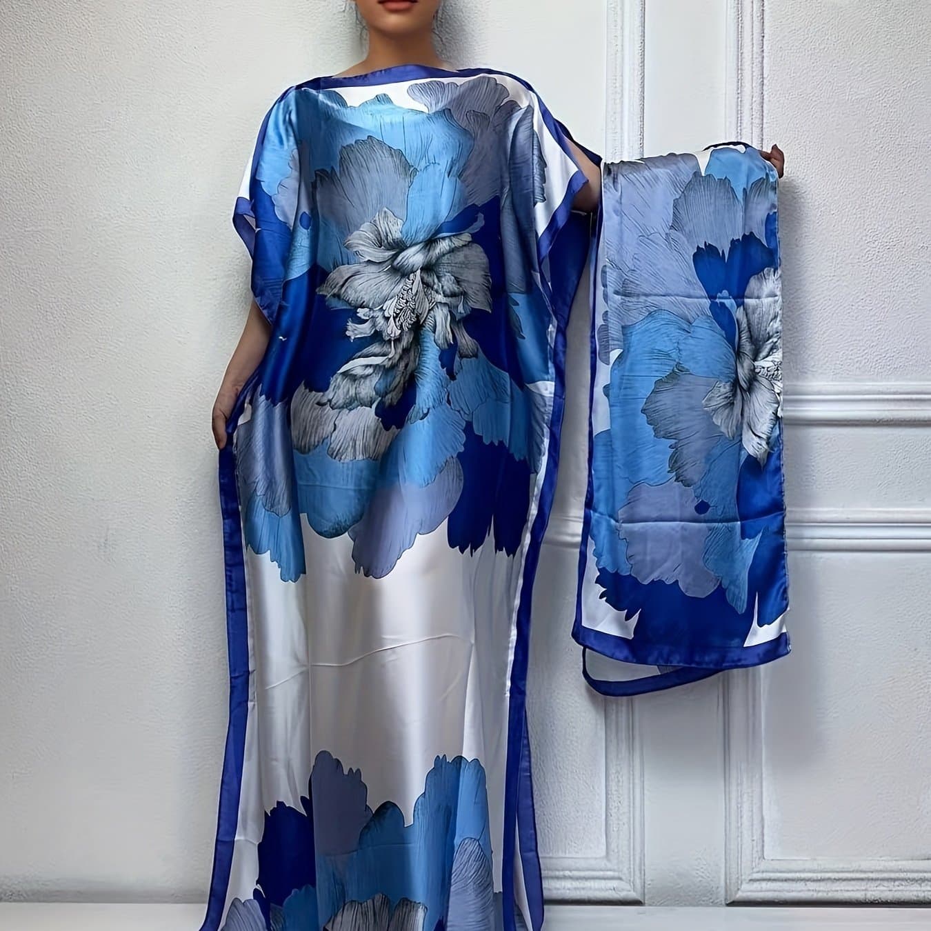 TEMU Winyi Elegant Abstract Print Boat Neck Abaya With Batwing Sleeves - Loose Fit Maxi Dress For Women