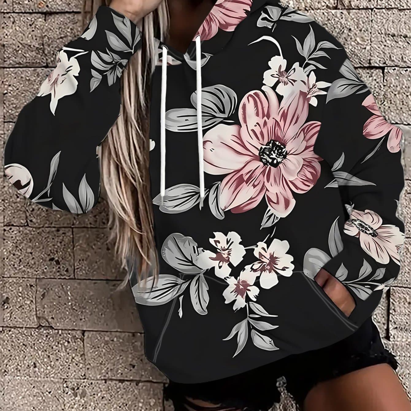 TEMU Fashion Women's Loose Street Style Hooded Sweatshirt With Pink And White Floral And Gray Leaf Print On Black Background - Stretch Blend Fabric, , Contrast , Relaxed Fit, , Perfect For Lazy