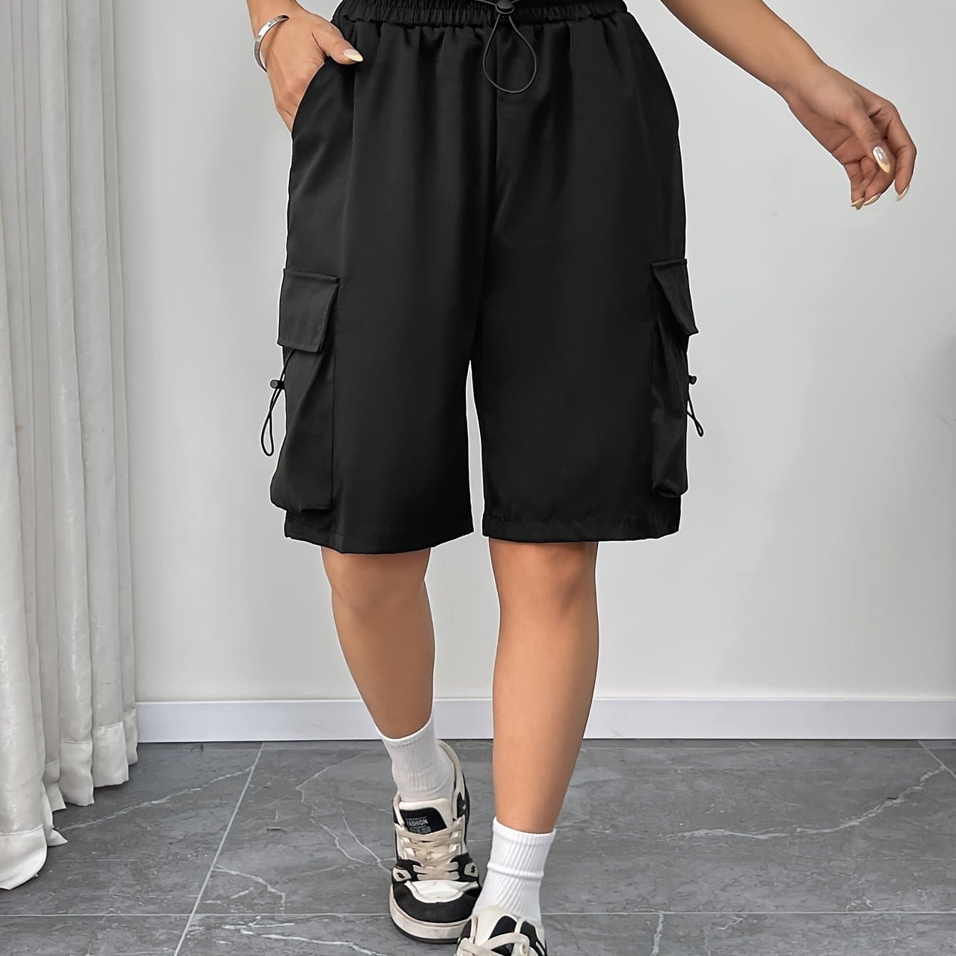 TEMU New Summer Cargo Shorts For Women, Casual Loose Wide-leg Pants, High-waist Drawstring Versatile Five- Sports Shorts