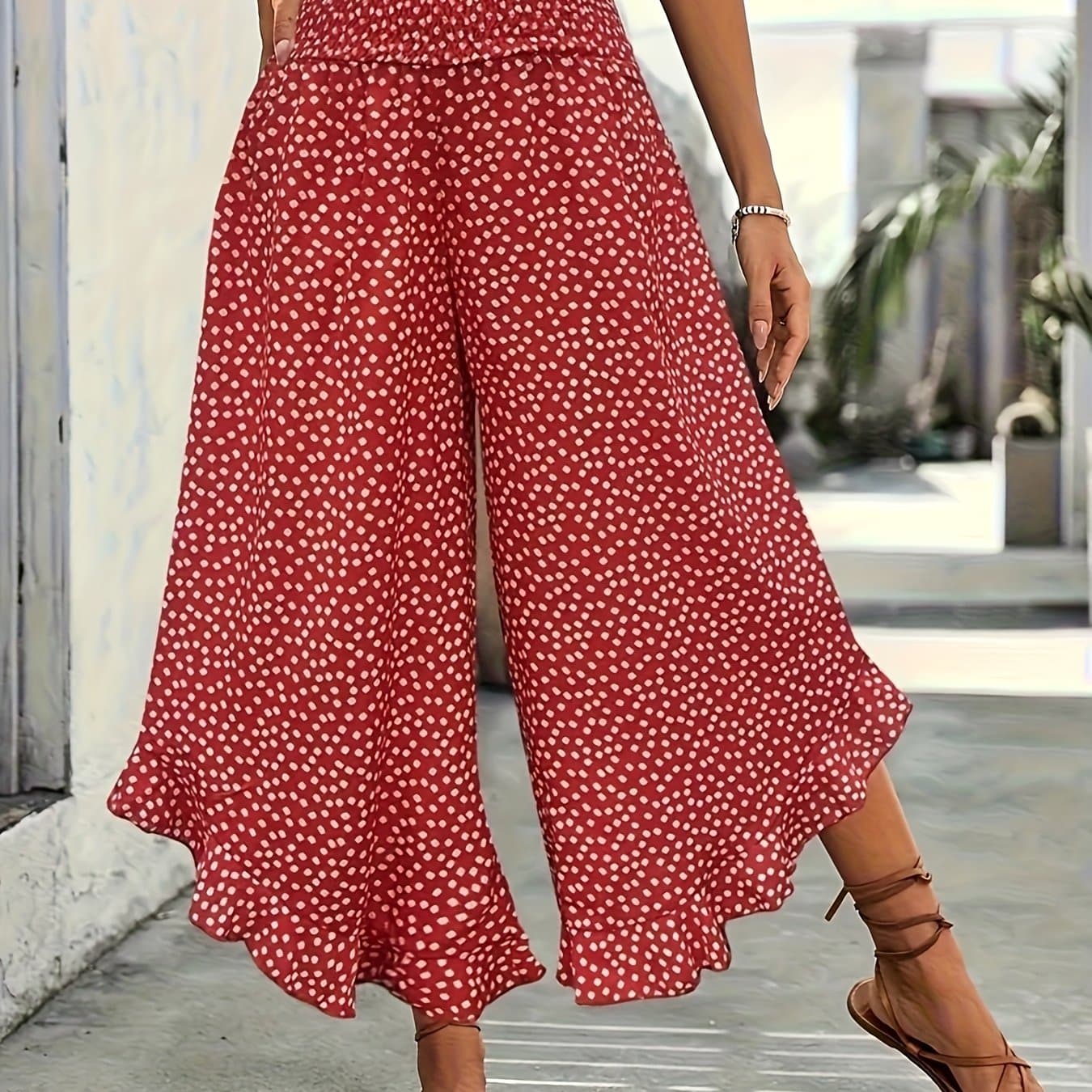 TEMU Plus Size - Plus Size - A Summer Casual Black Background Small Floral Ruffle Hem Women's Loose Pants, Elegant Style, Machine Washable,