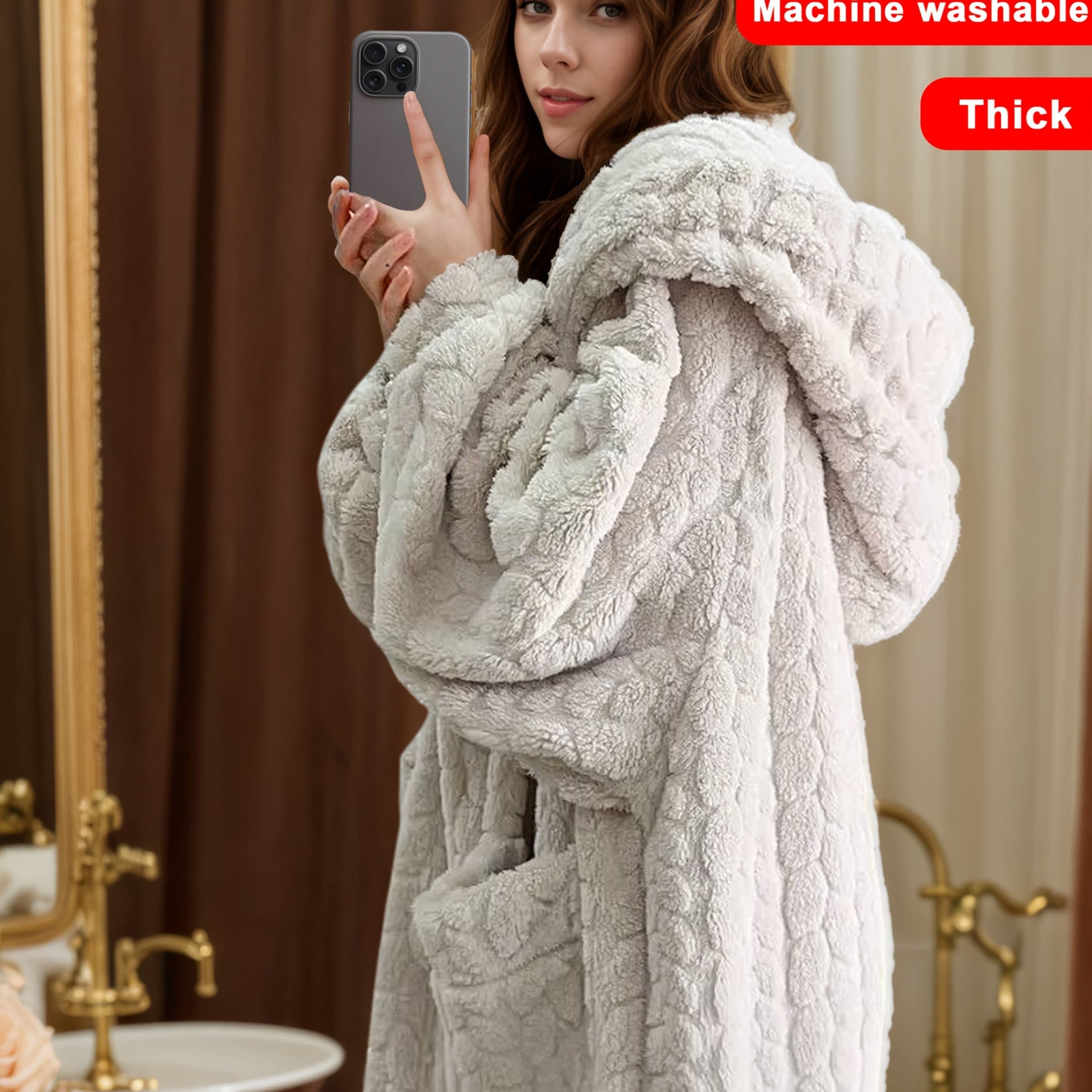 TEMU Autumn/winter Women's Flannel Flannel Robe, Coral Long Style Loungewear, Slouchy Sleep Robe