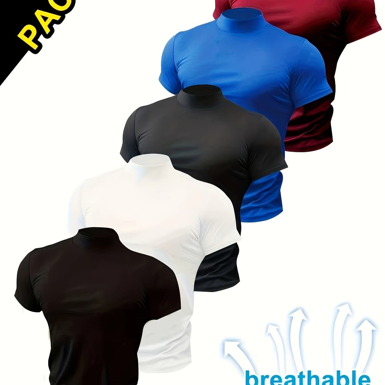 TEMU 5pcs Men's Mock Neck Compression T-shirts, Slim Fit Quick-dry Athletic Tees, Breathable Polyester Workout Shirts For Gym, Training, Cycling, Running & Casual Outdoor Sports