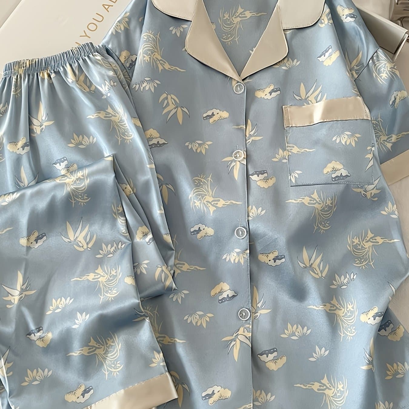 TEMU Women's Satin Short Sleeve Pajama Set 2pcs Bamboo Cloud Print Light Blue Loungewear Sleepwear