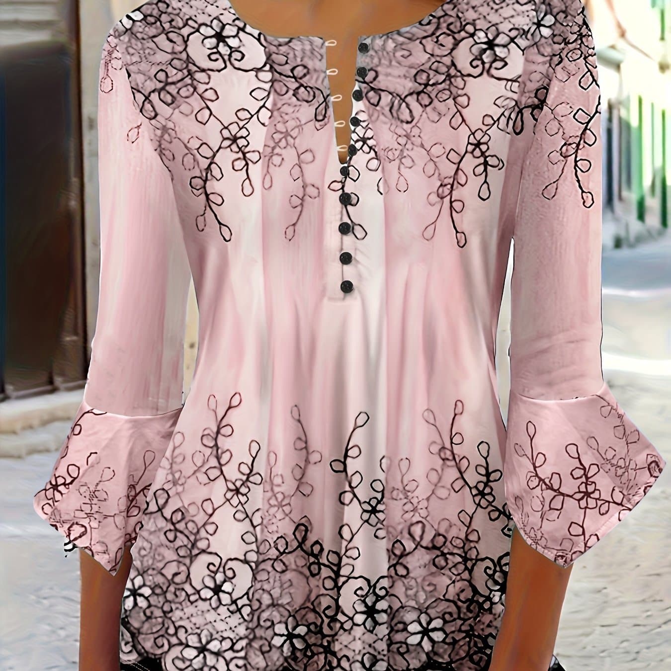 TEMU Floral Print Button Blouse, Casual Ruffle Trim Half Sleeve Blouse, Women's Clothing