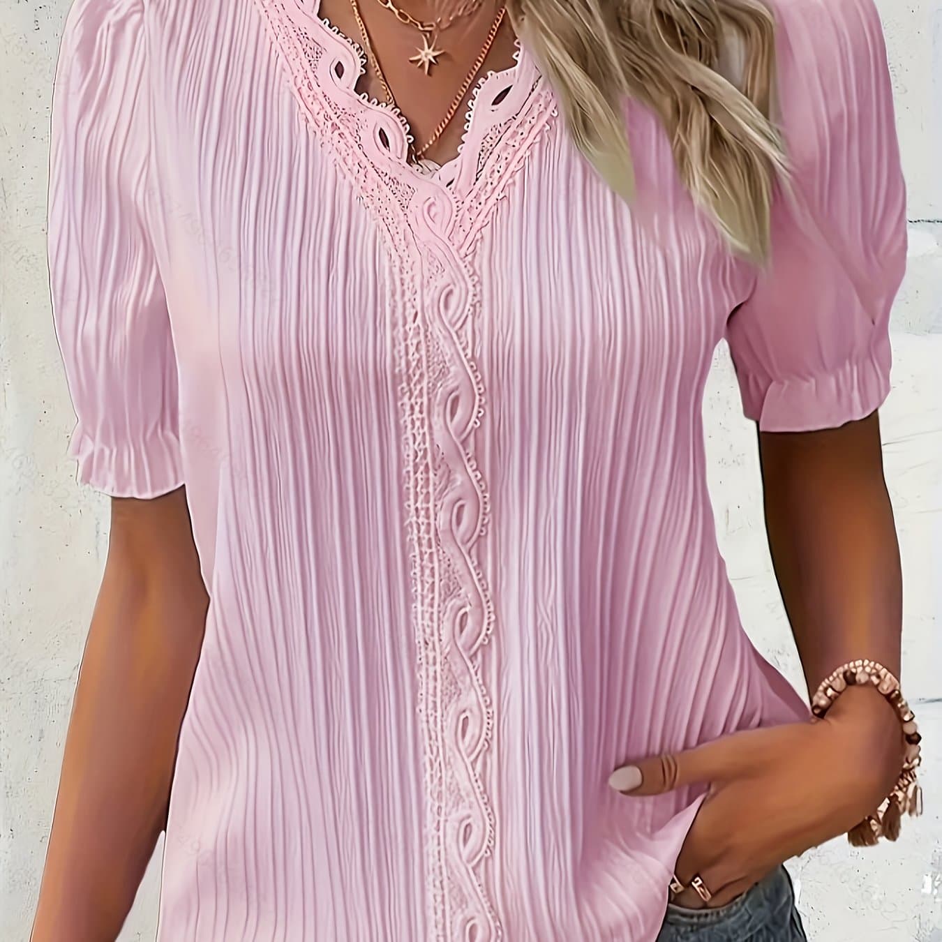 TEMU Women's Elegant Lace-trimmed V-neck Blouse With Sleeves - Lightweight Textured Fabric, Casual Short Sleeve Top For Spring/summer, Perfect For Casual Attire, Ladies Blouses