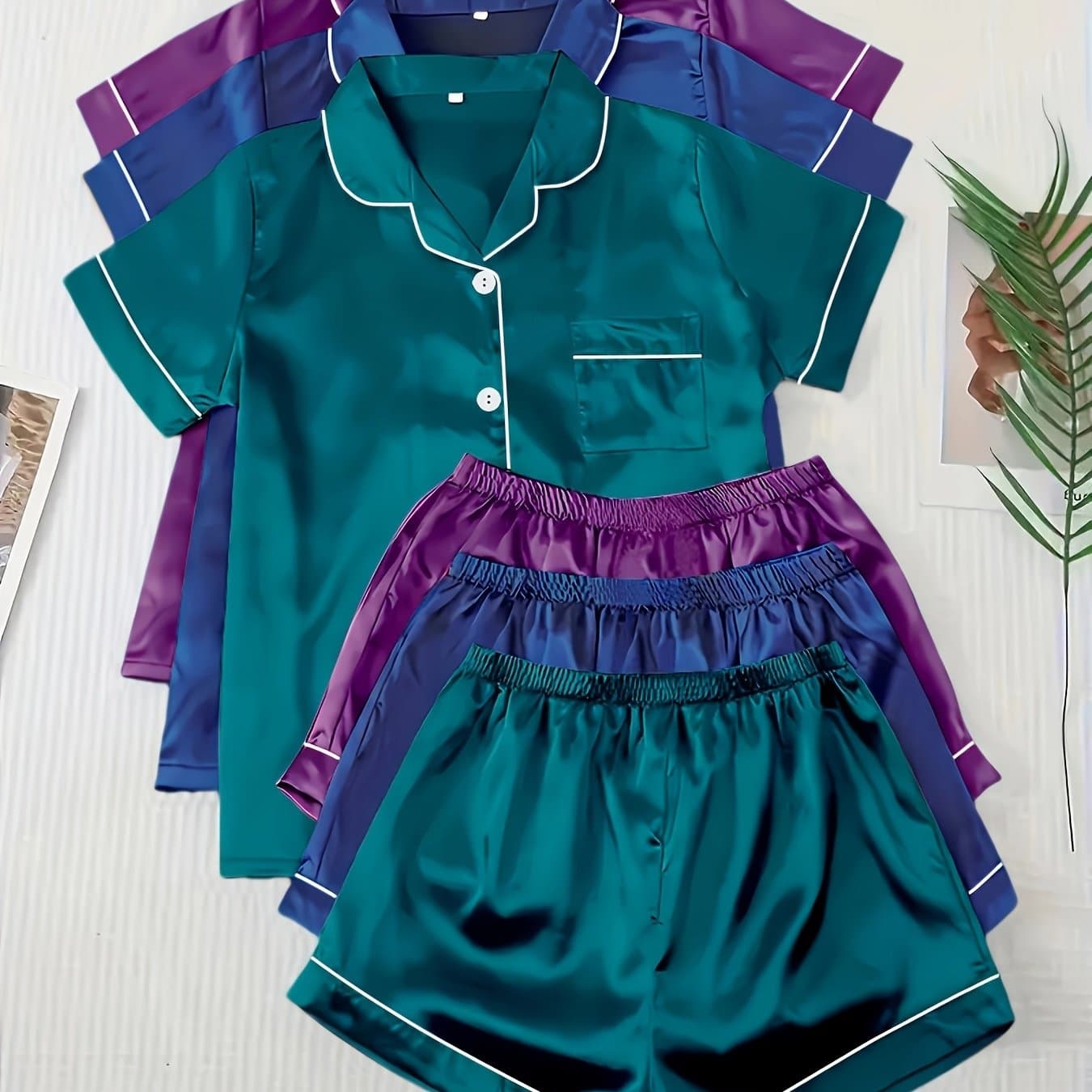 TEMU Casual, Fashionable, And Comfortable 6pcs Set In 3 Colors: Solid, Plain, Satin, And Satin Trim Short-sleeve Shirt & Elastic Waist Shorts Pajama Set