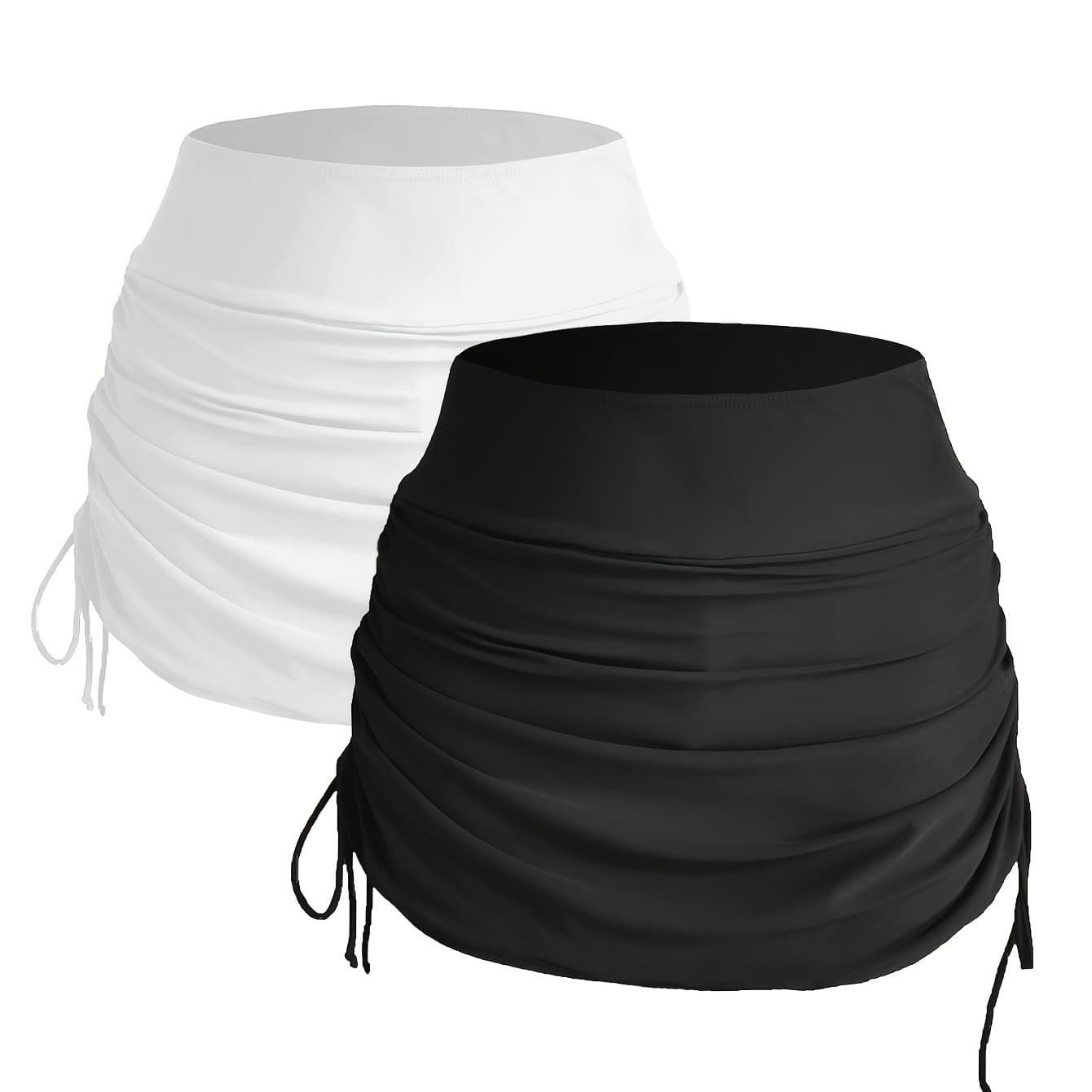 TEMU 2pcs Drawstring High-waist Skirted Swimsuit, Elegant Black And White Solid Color, Conservative Tummy-covering Women's Swim Briefs