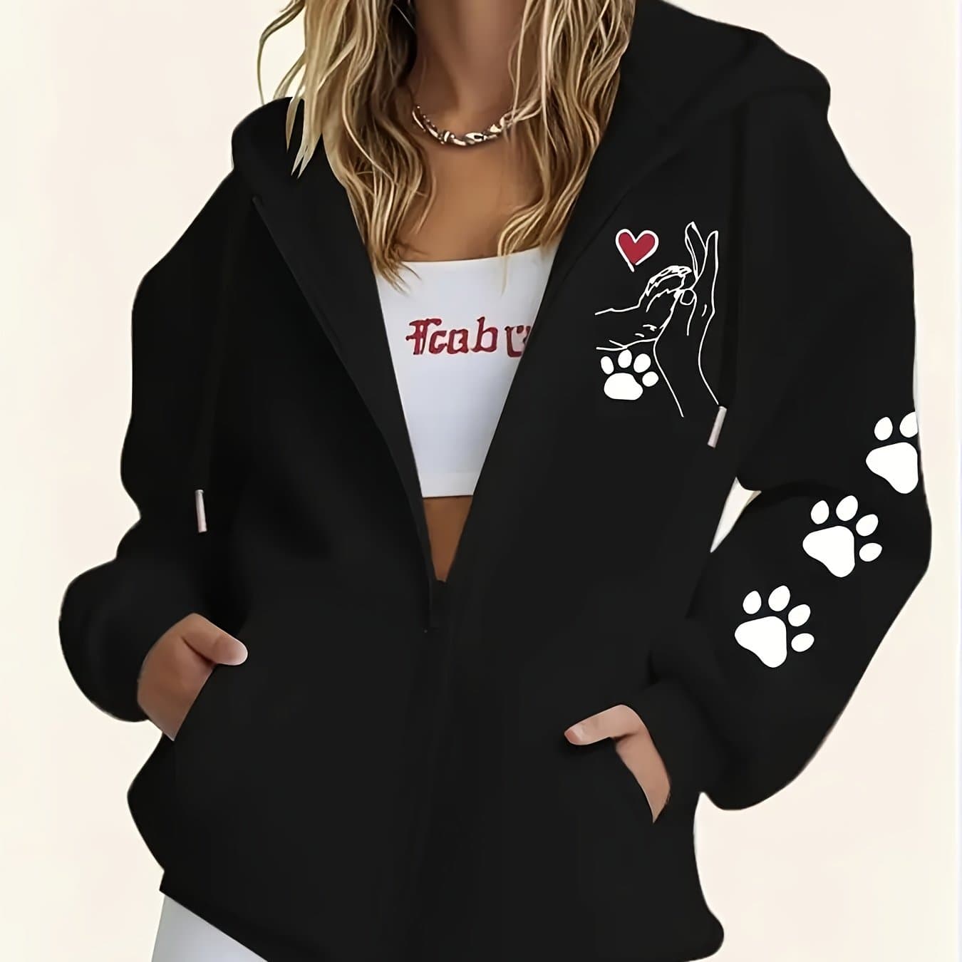 TEMU Women's Casual Zip-up Hoodie With Printed Sleeve Design, Machine Washable Lining, Warm Autumn/winter Sweatshirt, Cute Design For