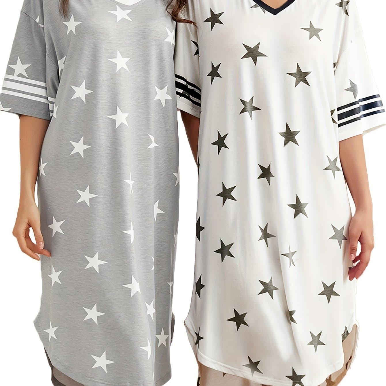 TEMU Set Of 2 Women's Nightgowns, Featuring A Relaxed Fit, Short Sleeves, V-neck Design, Printed Patterns, And Comfortable Fabric