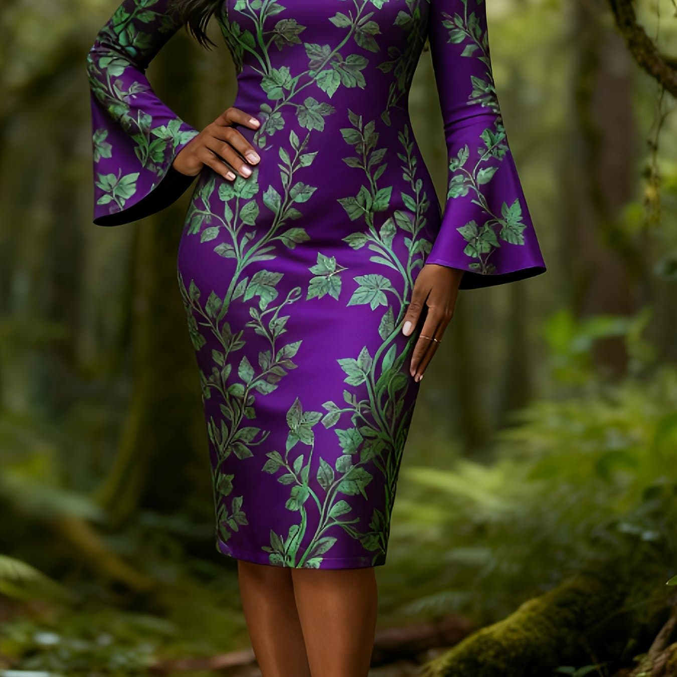 TEMU 2026 New Women's Long Sleeve Bodycon Dress Vine Stripe Print Slim Fit Thin Fabric Elegant Versatile Casual Date Party Office Interview Dress 2d Printing Effect Is Not Fabric Effect