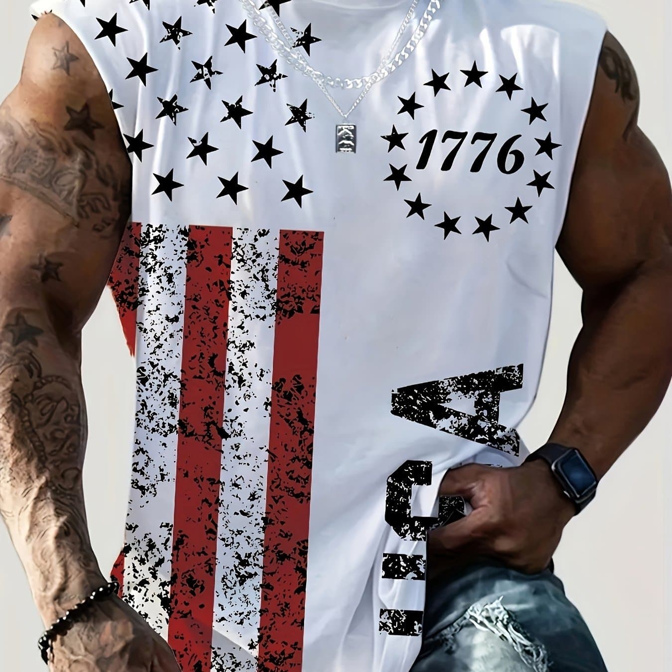 TEMU Men's And American Pattern Shirt- Sleeveless Crew Neck Top With 1776 Stars And , Full-body Workout Wear, Suitable Summer Casual Wear, Washable(regular Fit)-