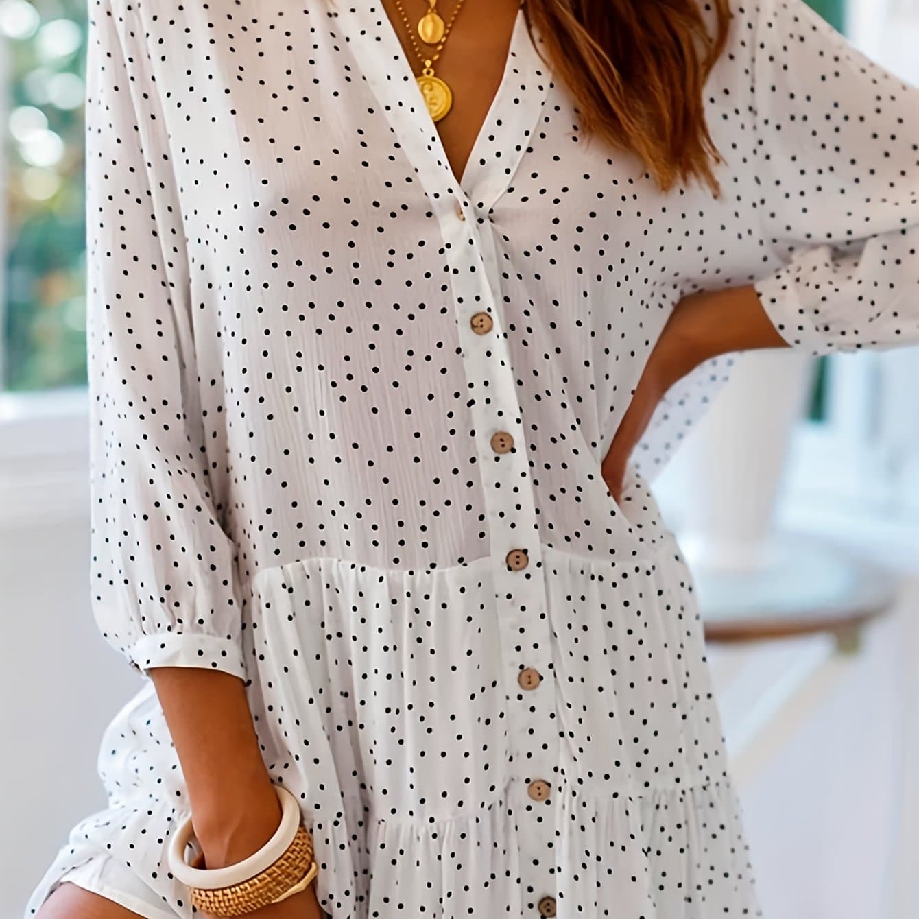 TEMU Women's Spring Summer New Small Polka Dot Print Elbow Sleeve Single-button Loose Short Dress