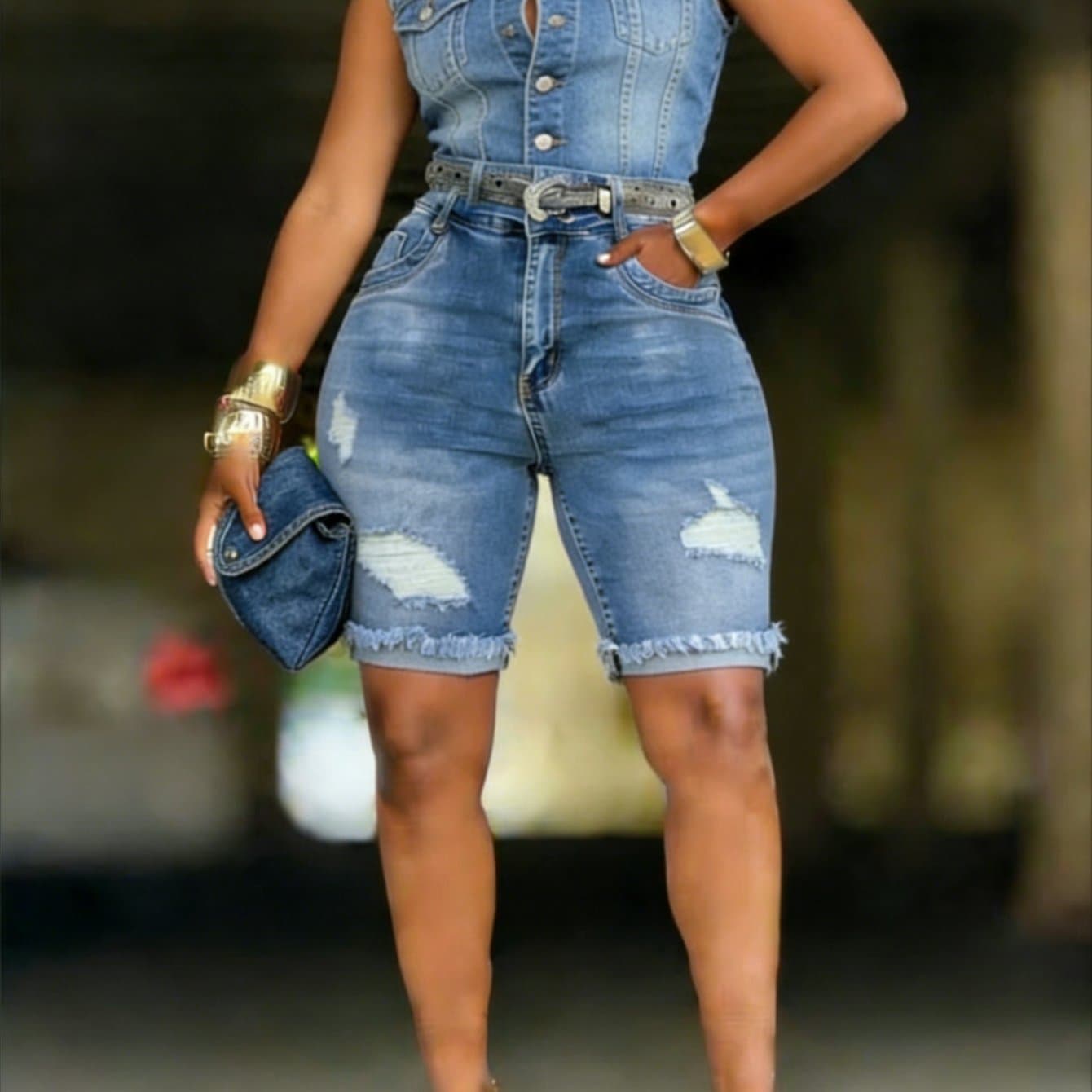 TEMU Large Size Women's Denim - Blue High Waist Ripped Rough Shorts Elastic Ripped 5-point Pants