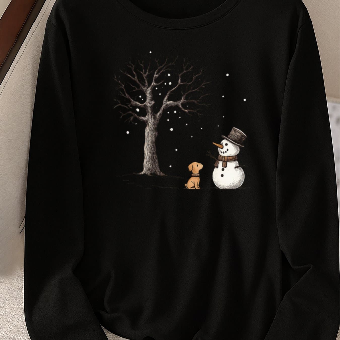 TEMU Casual Long-sleeved T-shirt With A Round Neck Featuring A Snowman And A Dog For Christmas, Made From Breathable Fabric