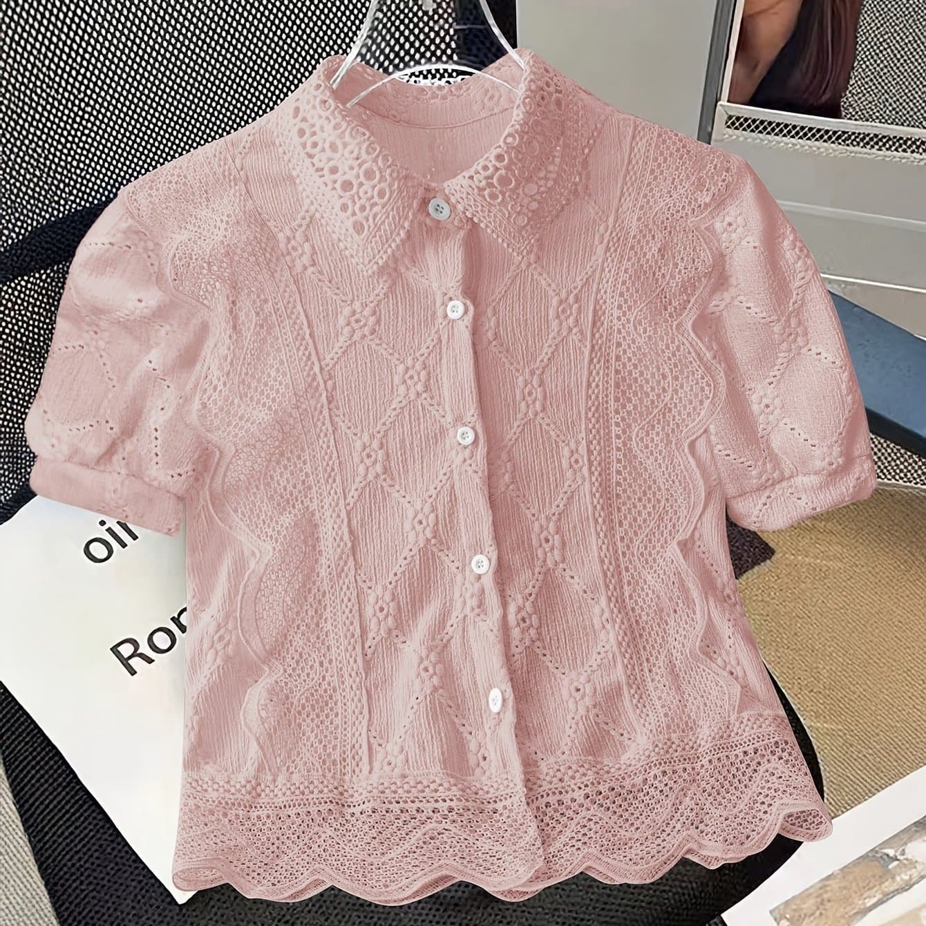 TEMU Yudomi Directional Style Solid Lace Stand Collar Hollow Short Sleeve Blouse Women's Top