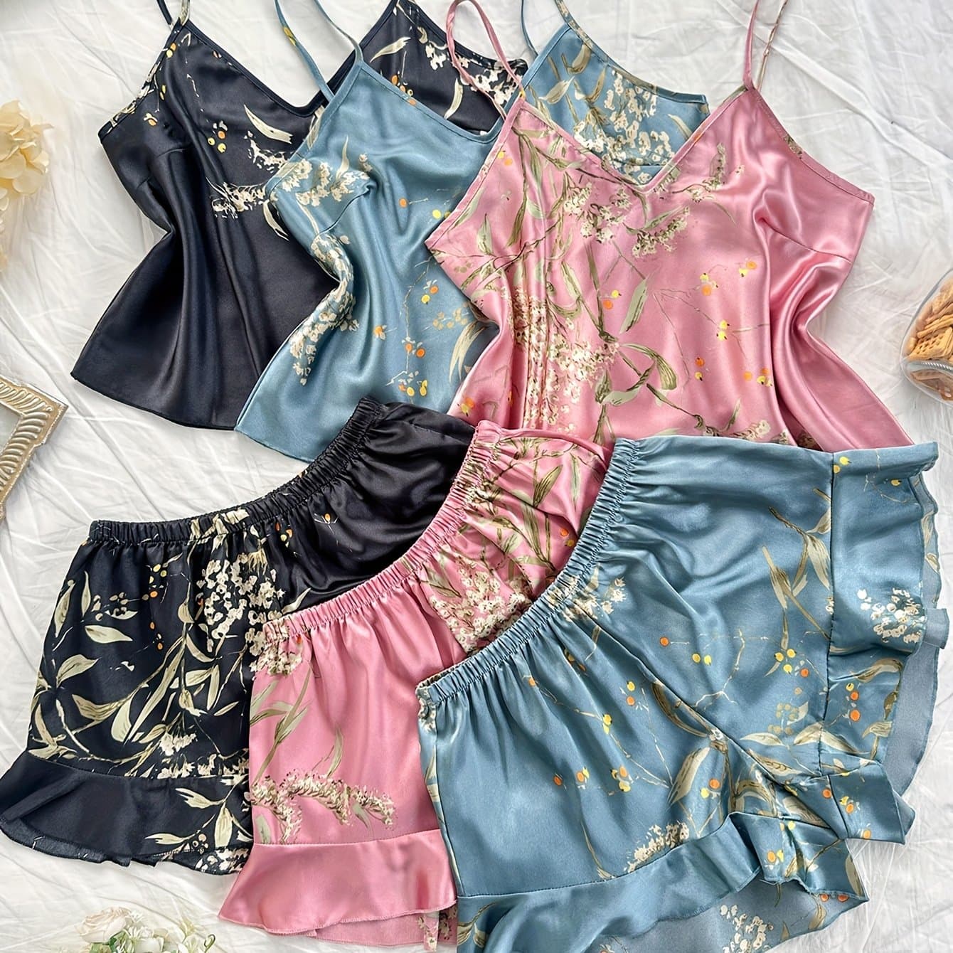 TEMU 6pcs Set, Fashion Sexy Print Suspender Top, Lotus Leaf Edge Shorts, Pajamas Set, Women's Plus Size