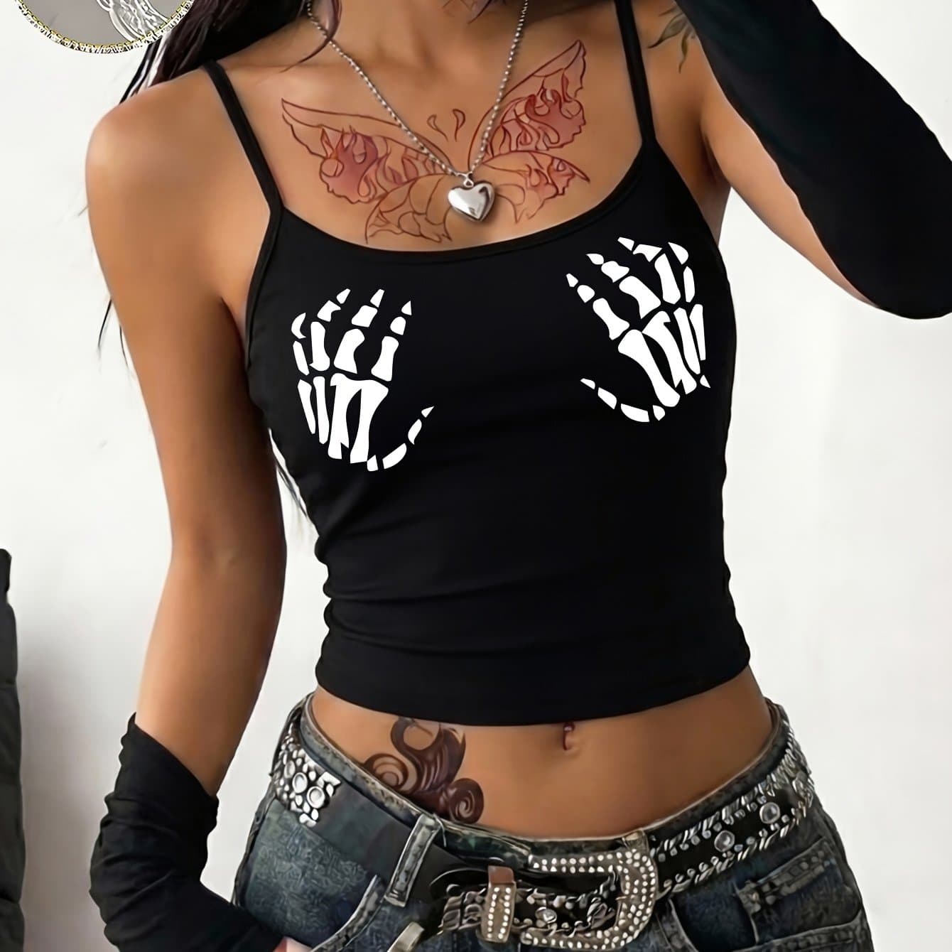 TEMU Y2k Gothic Chic Off-the-shoulder Tank Top | Geometric-pattern, Medium Stretch Fabric, For Spring/summer - Ldh1867