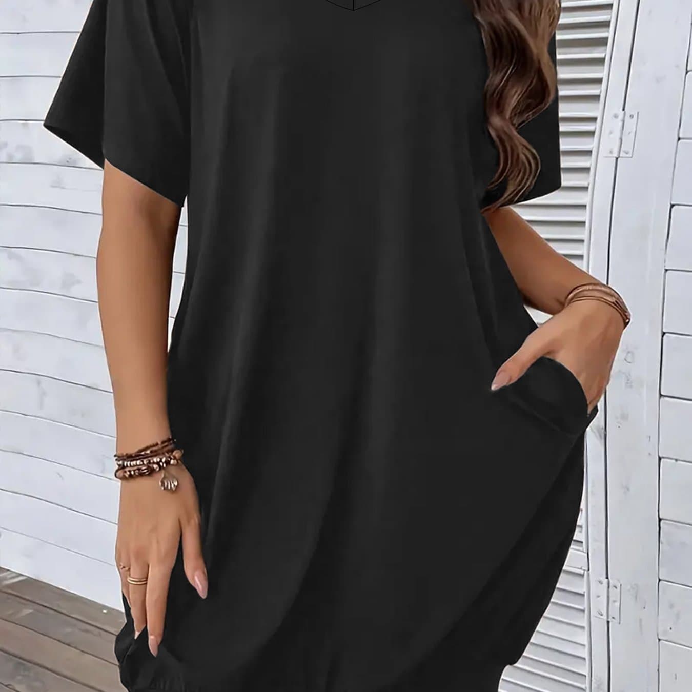 TEMU Solid Color V-neck T-shirt Dress, Elegant Short-sleeved Dress With Pockets, Suitable For Spring, Summer, And Autumn, , Plus-size Women's Clothing