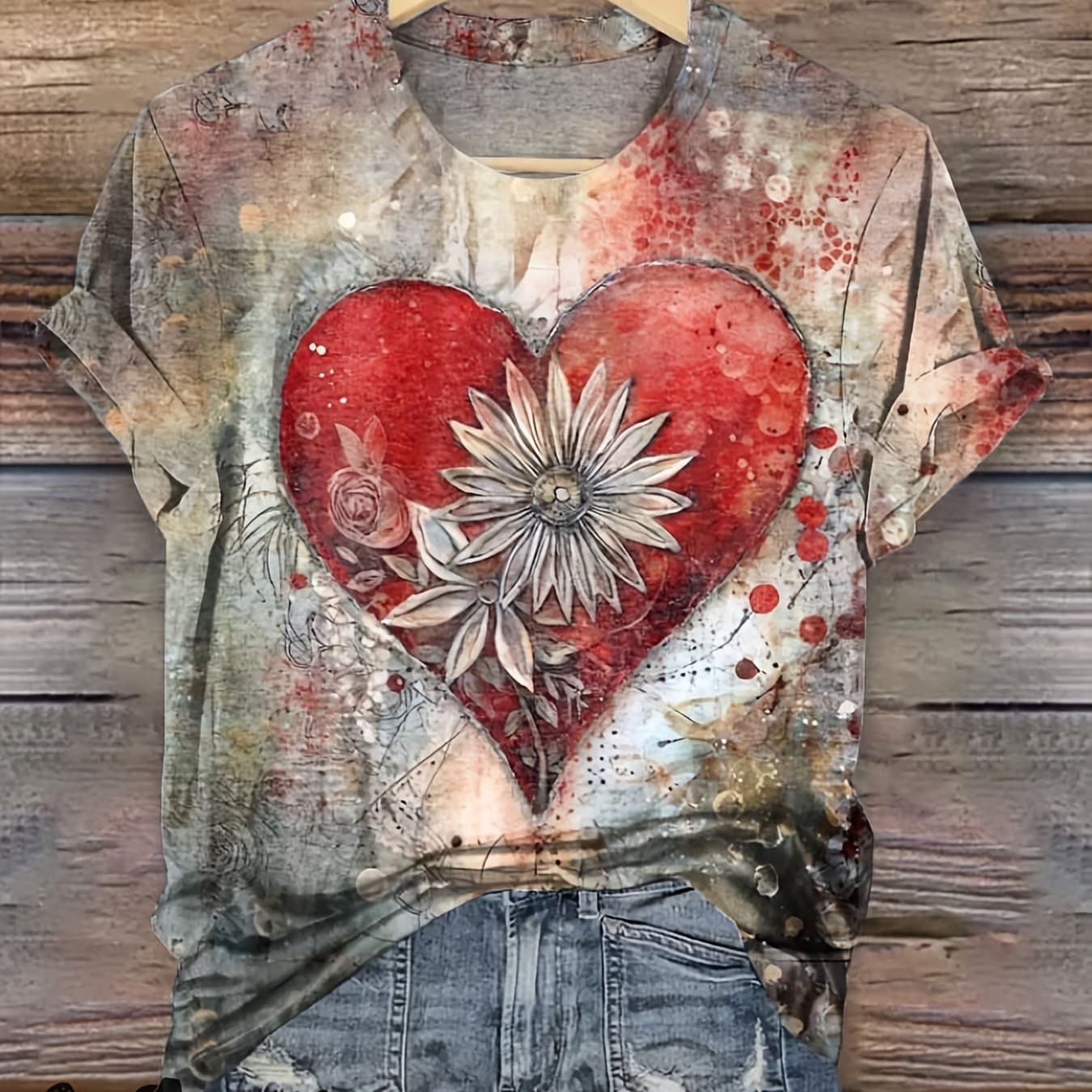 TEMU Art ! Heart Floral Printed Short Sleeve T-shirt, Niche Comfortable Piece