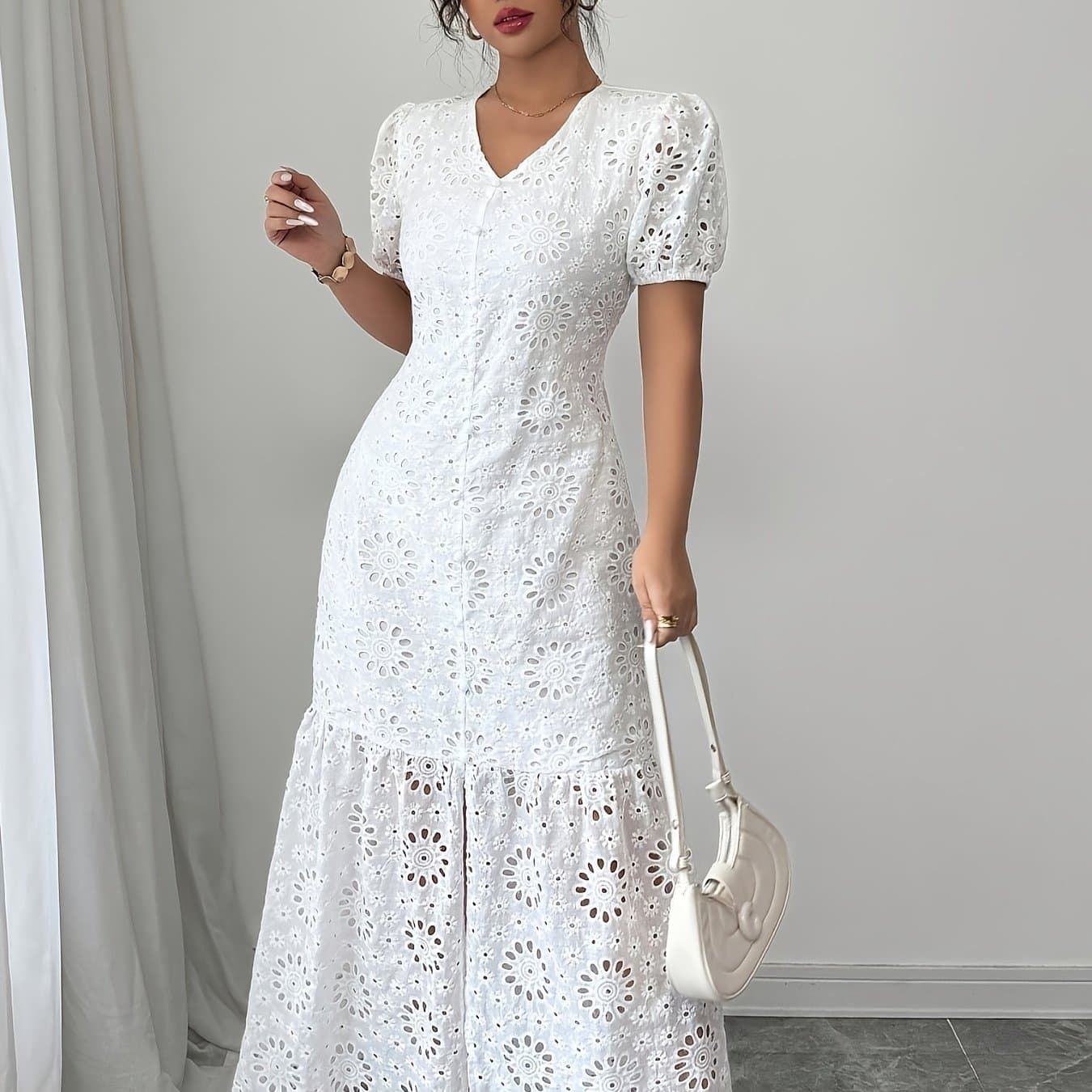 TEMU Elegant Spring/summer Women's Dress, Floral Lace V-neck Short Sleeve Button-up Midi Dress []